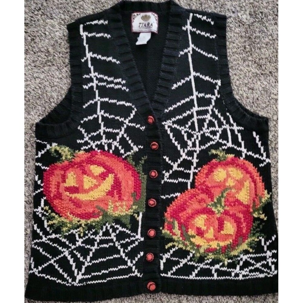 Vintage Tiara Cottage Embroidered Knit Sweater Vest Halloween Women's Large 90's - Picture 1 of 9